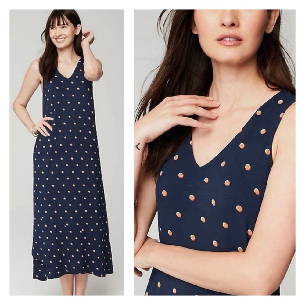 NWT J. Jill Polka Dot Midi Dress XS Navy Blue Flounce Hem Sleeveless Tank